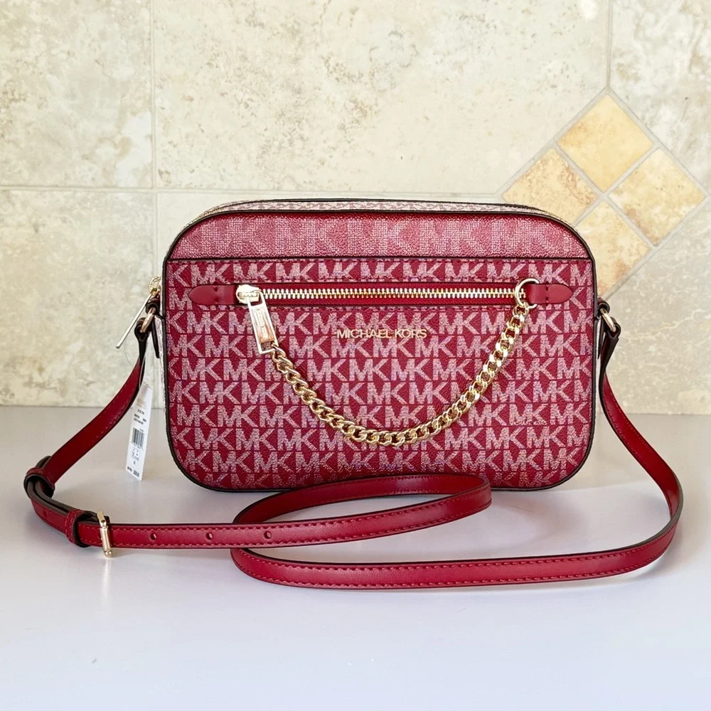 Michael Kors Jet Set Item Chain Zip Crossbody Bag Color-Block MK Cherry Multi